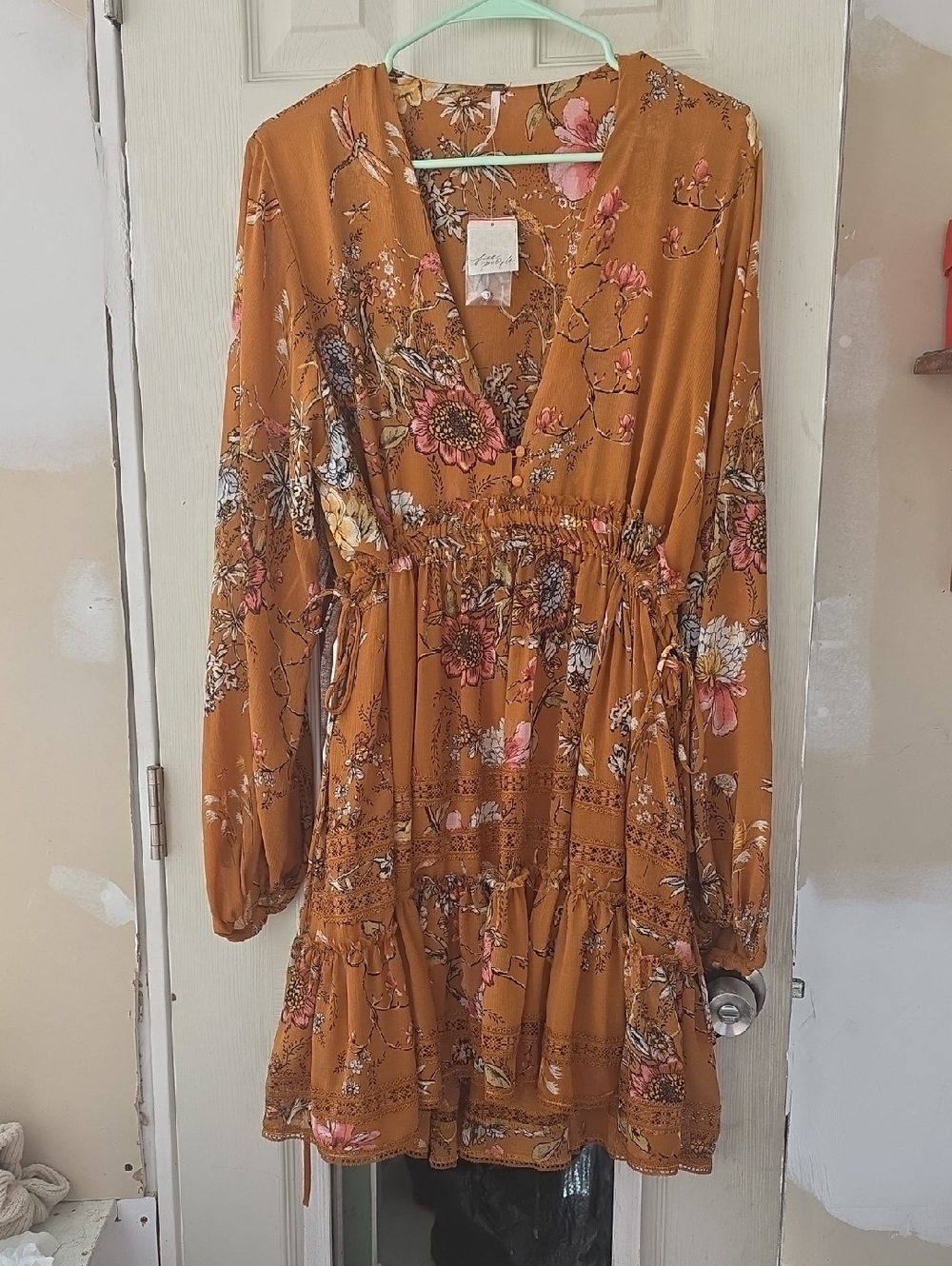 Free People Mustard Floral Long Sleeve Tiered Dress